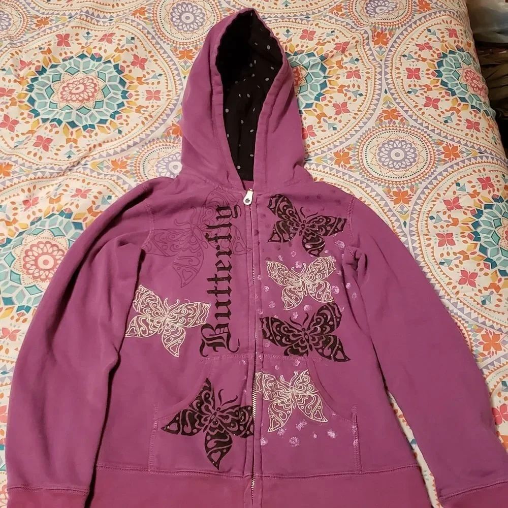 Green Soda Purple Butterfly Full Zip Hoodie Sz L